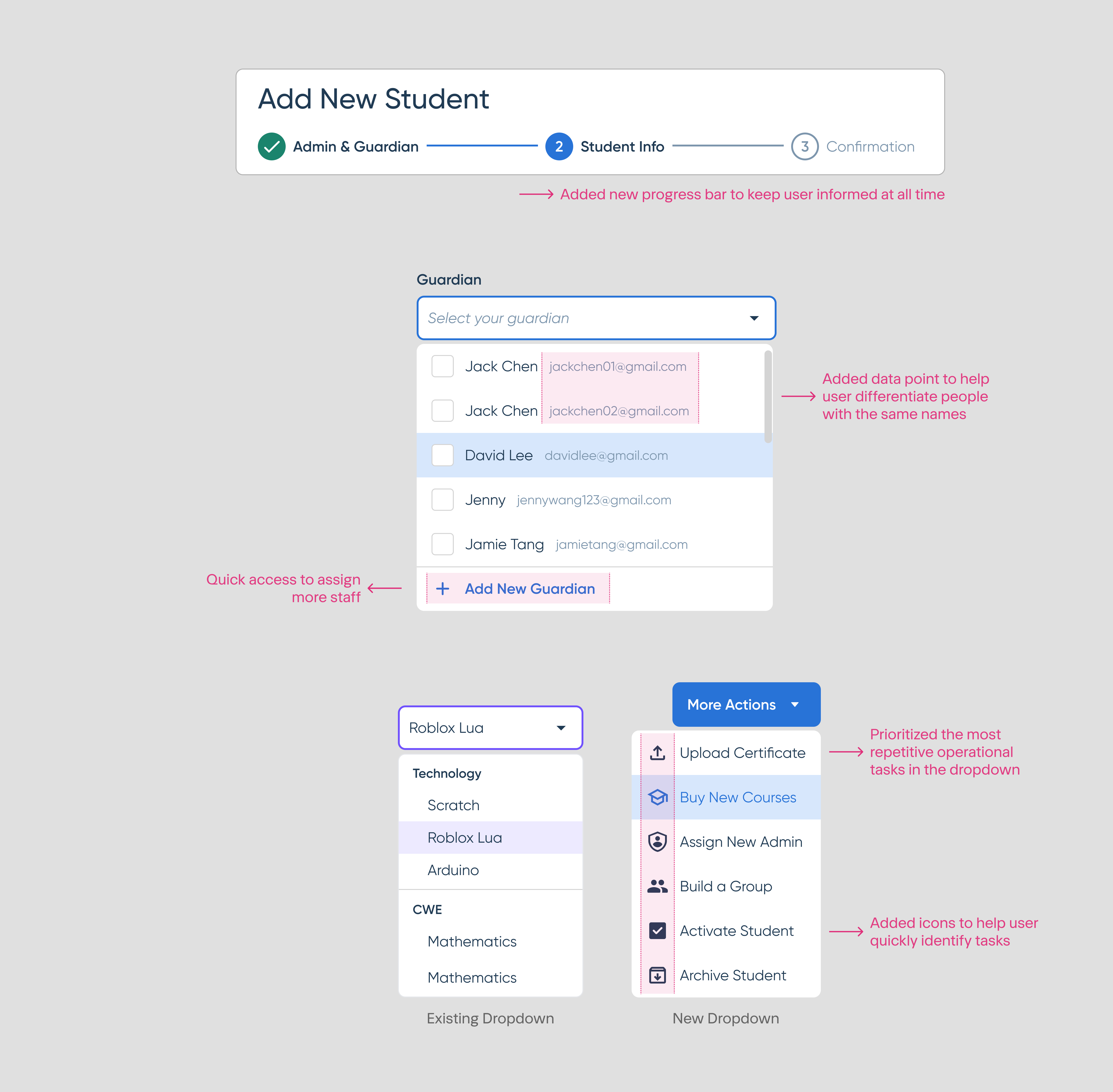 Usability excellence examples — dropdown menus, progress bar, and hint notes